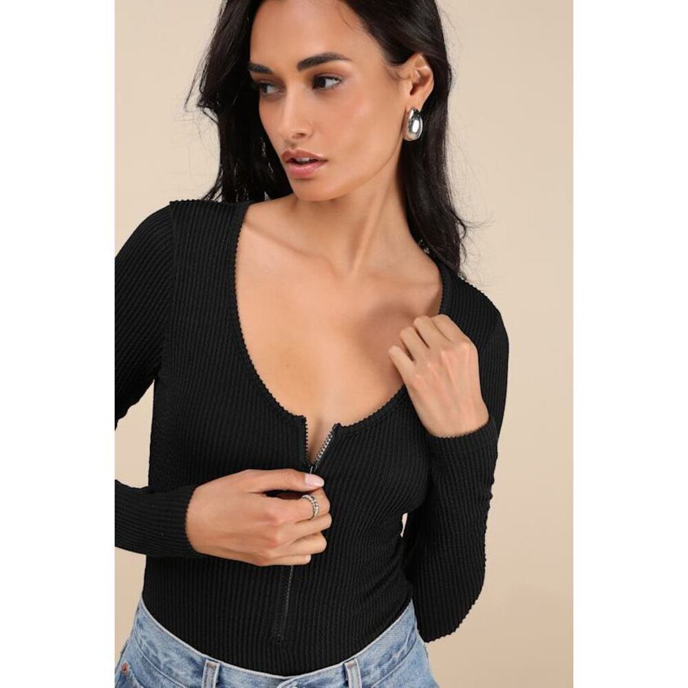 Lulus Najya Black Ribbed Knit Zip-front Long Sleeve Bodysuit - Size S